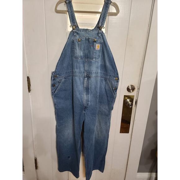Carhartt Overall Mens Wide Leg Carpenter Adjustable Straps Distressed 48x26 READ - Picture 1 of 16
